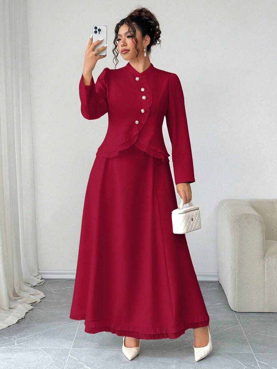 SHEIN Elenzya Áo sơ mi dáng ôm, cổ cao, tay dài, vải dệt kim dệt kim cỡ lớn, tay dài, cổ bẻ, cài nút vàng, eo bo, viền chữ A, viền bèo nhún, váy xòe, thanh lịch khi đi chơi, đi làm, tụ tập, hẹn hò, bộ 2 món - Đỏ - Xem 1