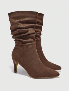 CUCCOO BIZCHIC Brown Pointed Toe Slip-On Ruched Suede Mid-Calf Boots, Fashionable High Heels, Comfortable & Versatile For Daily Commute For Christmas - Brown - View 6