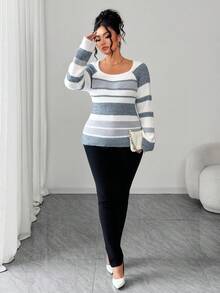 Elenzga Suéter ajustado de cuello redondo, manga raglán y bloque de color, informal, talla grande, otoño/invierno - Blanco - Ver 3
