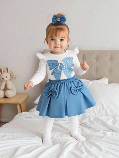 SHEIN 女婴针织罗纹长袖 T 恤，带刺绣蝴蝶结和百褶裙，两件套，适合外出和日常穿着的休闲装，适合春秋季