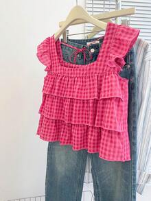 INAWLY 女式秋季新款可爱荷叶边下摆衬衫 - 玫紅色 - 查看 4