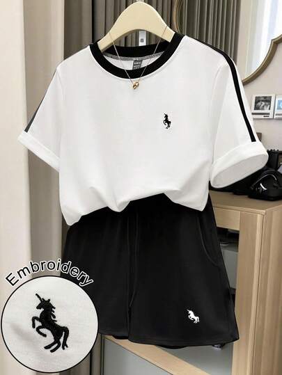 GlowEve 女士时尚休闲运动风刺绣撞色条纹圆领宽松T恤和高腰抽绳斜口袋宽松休闲运动短裤2件套