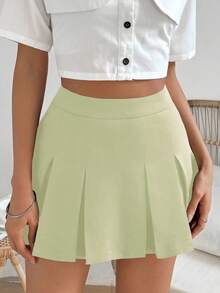 SHEIN Unity Preppy Style Casual Woman Solid Pleated Skirt - Lime Green - View 7