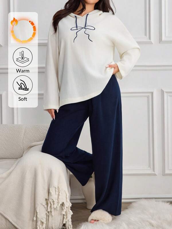 Conjunto Lounge com Cordão Contrastante – Moletom com Capuz de Manga Longa Aconchegante e Calça Relaxada, Loungewear Minimalista de Duas Peças