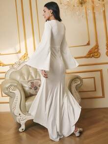 Omancia 女士冬季派对白色连衣裙，纯色贴花装饰修身长袖连衣裙，优雅正式礼服，适合约会、下午茶、派对、感恩节、教师节、返校、圣诞节、万圣节、新年 - 米色 - 查看 2