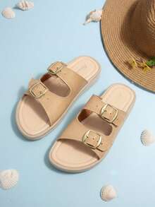 Sandalia para mujer con doble hebilla punta redonda sin agujetas plana estilo minimalista casual para verano y uso diario - Beis - Ver 2