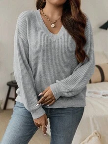 Nubod Suéter holgado de punto acanalado con cuello en V, de manga larga y hombros caídos, de unicolor, para mujer de talla grande - Gris - Ver 3
