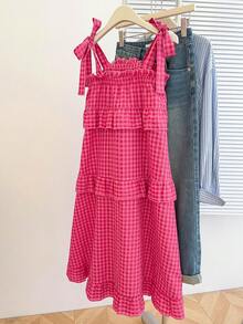 INAWLY New Autumn Cute Ruffle Hem Dress For Women - Hot Pink - View 2