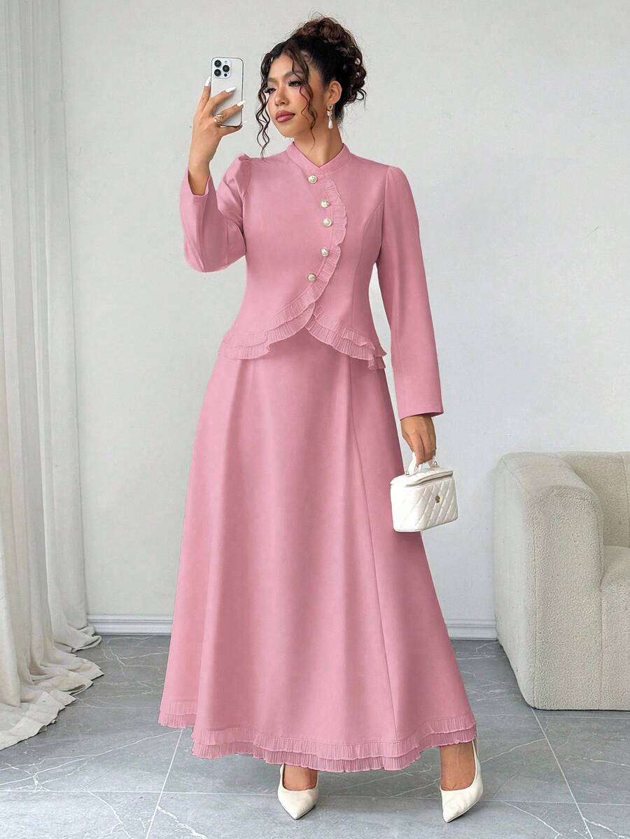 SHEIN Elenzya 大码挺括梭织面料高领长袖不对称弧形开口金色纽扣装饰收腰A字下摆荷叶边修身衬衫 + 收腰伞裙荷叶边半裙，优雅适合外出、通勤、聚会、约会等场合，两件套 - 藕粉色 - 查看 1