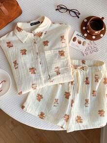 CovetEZ Bộ đồ thu đông 2 món dành cho nữ, áo sơ mi dài tay in hình gấu, áo phông và quần short, bộ đồ 2 món thoải mái và dễ thương cho nữ, phong cách Giáng sinh Halloween ngọt ngào. - trắng - Xem 2