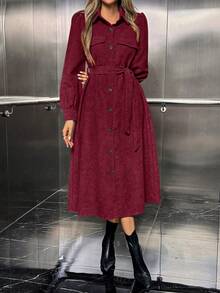 SHEIN Unity 女式纯色长袖单排扣系带休闲中长款衬衫裙 - 紅色 - 查看 7
