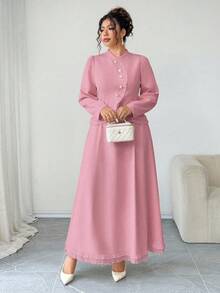 SHEIN Elenzya 大码挺括梭织面料高领长袖不对称弧形开口金色纽扣装饰收腰A字下摆荷叶边修身衬衫 + 收腰伞裙荷叶边半裙，优雅适合外出、通勤、聚会、约会等场合，两件套 - 藕粉色 - 查看 5