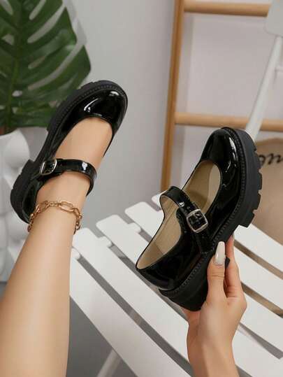 Zapatos tipo Mary Jane para mujer suela gruesa estilo escolar material recubierto sin estampado corte holgado punta redonda sin mangas primavera otoño uso diario