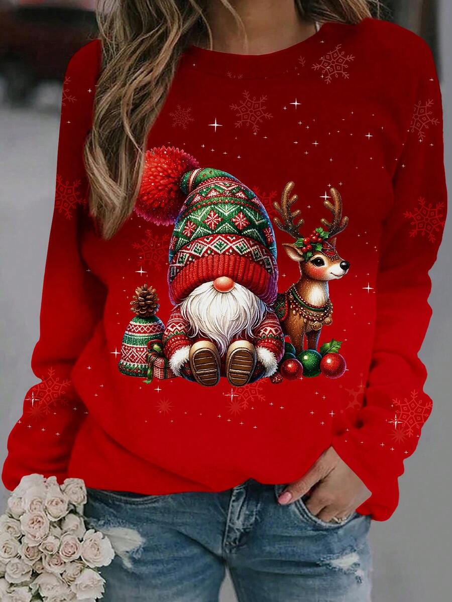 EMERY ROSE Women's Casual Christmas Print Long Sleeve Loose T-Shirt - Multicolor - View 1