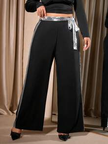 Cravure Plus Size Fashion Contrast Color Sequin Design Wide Leg Pants - Black - View 1