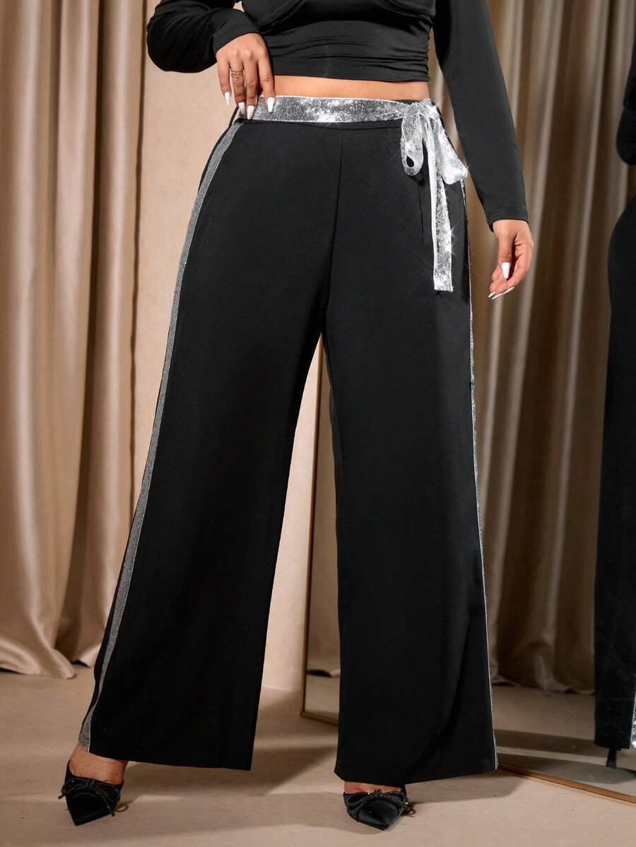 Cravure Plus Size Fashion Contrast Color Sequin Design Wide Leg Pants - Black - View 1