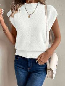 EMERY ROSE Áo len chui đầu cổ lọ không tay kiểu Pháp thanh lịch màu mơ, không đối xứng, thường ngày, thích hợp để đi chơi và dự tiệc, mùa thu/đông - trắng - Xem 7