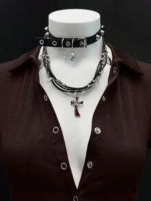 SHEIN DivaQ Áo thun cổ polo tay ngắn màu trơn gợi cảm dành cho nữ - Màu nâu Sô-cô-la - Xem 7