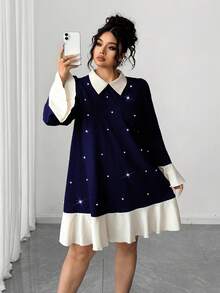 Elenzga Plus Size Women's Fashion Casual French Retro Romantic Elegant Pearl Contrast Color Dress - Navy Blue - View 6
