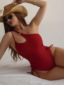 SHEIN Swim 夏季海滩抽绳侧单肩连体泳衣 - 玫瑰紅 - 查看 10