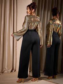 Cravure Plus Size Gold Foil Design Patchwork Solid Color Jumpsuit - Black - View 2