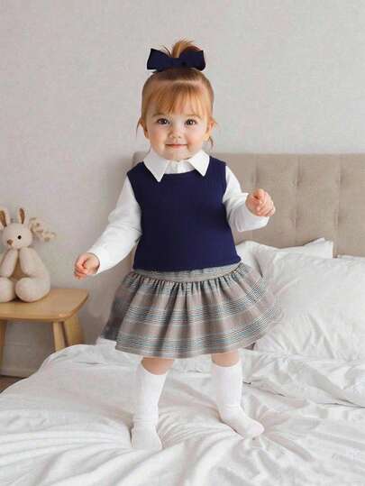 SHEIN Playful Pals 3 件套女婴优雅时尚服装：白领长袖休闲衬衫、海军蓝纹理针织背心和格子裙，适合上学、工作、秋季