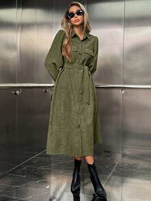 SHEIN ChicEase 1 件女士休闲单排扣腰带长袖连衣裙 - 綠色 - 查看 3
