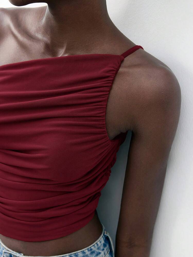 SHEIN Maija New Wine Red Asymmetrical Cut Asymmetric Shoulder Design Ruched Mesh Fabric Women Top, Spring/Summer St Patrick's Day Easter Party Top Beach Summer Holiday Beach Vacation Summer Going Out Graduation