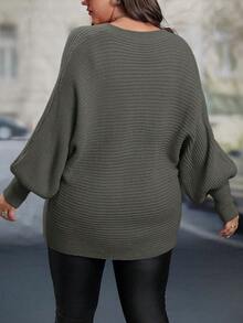 SHEIN LUNE Áo len chui đầu cổ chữ V màu trơn thường ngày cỡ lớn cho nữ - Xám - Xem 2