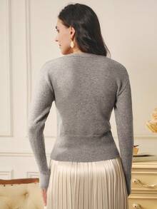 Penseblé Damen taillierter, mit metallischen Knöpfen verzierter eleganter Luxus-Strickpullover in Braun, geeignet für Party, Halloween, Weihnachten, Neujahr, Thanksgiving, Herbst/Winter - Khaki - Übersicht 2