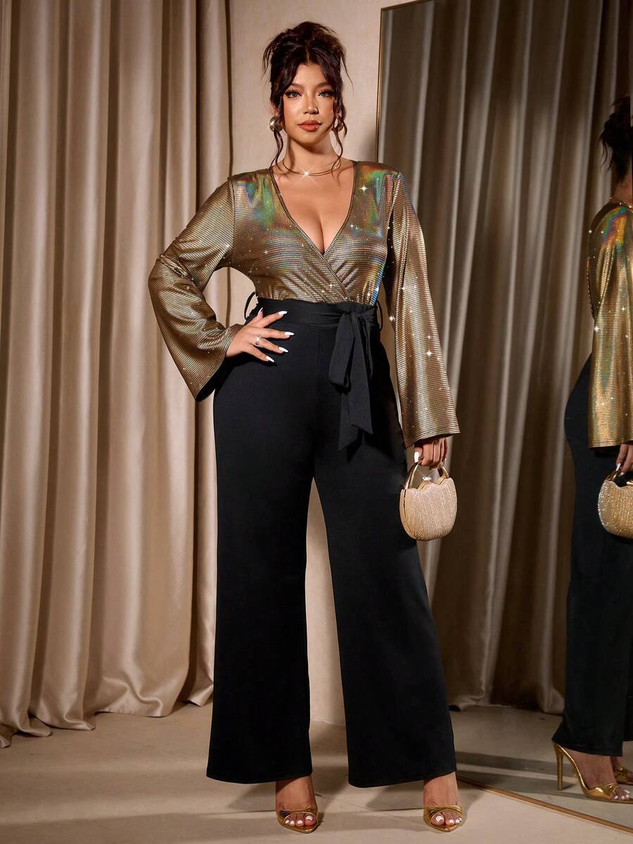 Cravure Plus Size Gold Foil Design Patchwork Solid Color Jumpsuit - Black - View 1