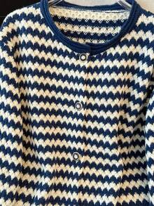 GlowEve CURVE 女式休闲条纹撞色针织开衫，宽松修身长袖大码外套上衣，秋冬 - 藍色 - 查看 5