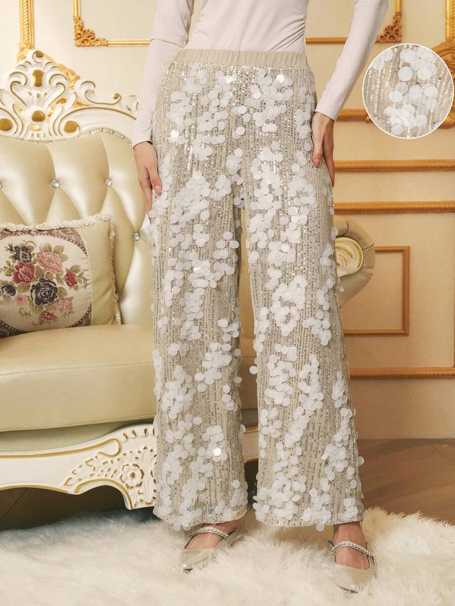 SHEIN Clasi 女士优雅休闲亮片阔腿裤,修身款,适合派对、万圣节、圣诞节、新年、感恩节、秋冬 - 杏色 - 查看 1