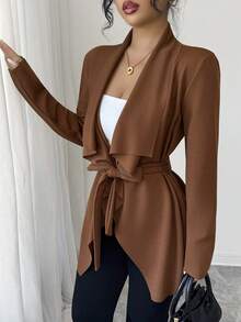 Elenzga Women's Solid Color Regular Shoulder Long Sleeve Waist Asymmetrical Hem Versatile Regular Jacket - Brown - View 6