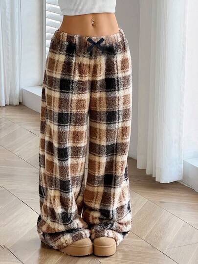 SHEIN Tween Girls' Casual Plaid Bowknot Front Fleece Pants Fall Winter