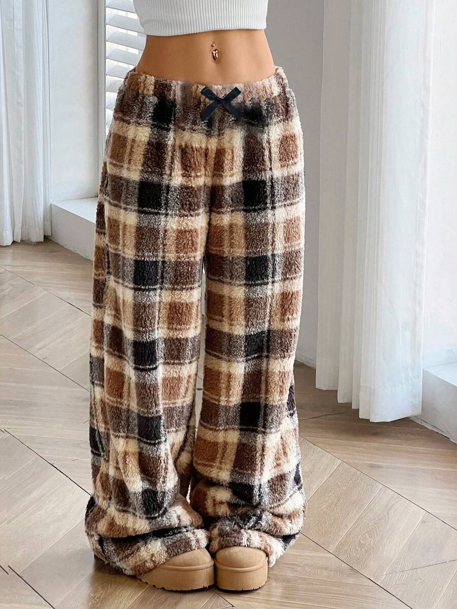 SHEIN Spodnie polarowe dla dziewcząt w kratę i kokardę z przodu, jesień/zima