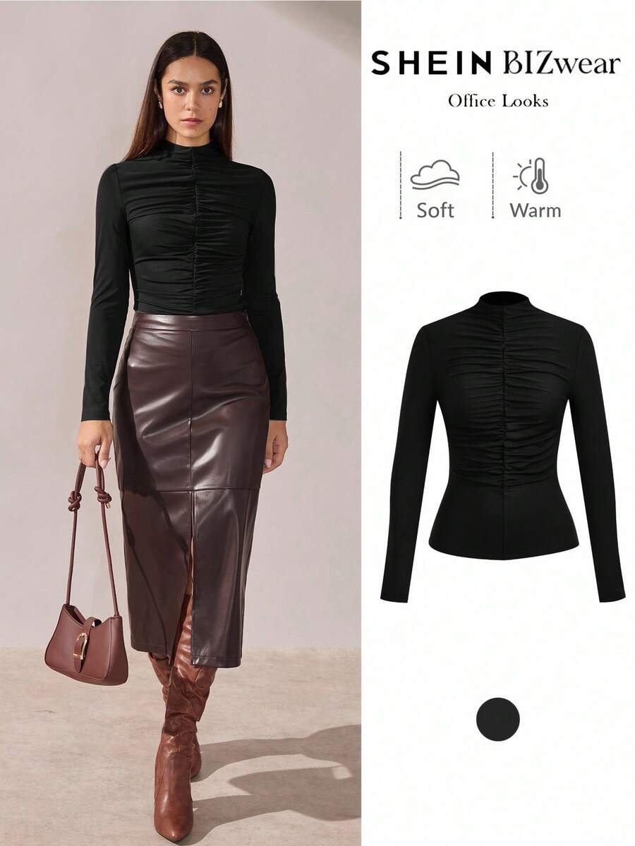 BizChic 2025 秋冬新款黑色褶饰网眼面料衬衫，现代优雅时尚商务休闲办公装，百搭浪漫风格，适合正式场合、派对、婚礼、音乐会、早午餐、机场、国庆节、新年、圣诞节 - 黑色 - 查看 1