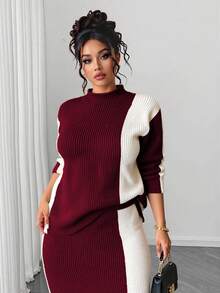 Elenzga Christmas Plus Size Women Fashionable Casual Colorblock Sweater & Skirt Set - Multicolor - View 4