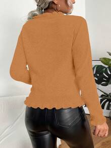 SHEIN LUNE 女式休闲日常通勤简约纯色荷叶边仿珍珠开衫，秋季 - 黃色 - 查看 2