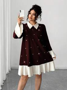 Elenzga Plus Size Fashionable Casual French Retro Romantic Elegant Pearl Contrast Color Dress - Burgundy - View 5