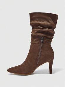 CUCCOO BIZCHIC Brown Pointed Toe Slip-On Ruched Suede Mid-Calf Boots, Fashionable High Heels, Comfortable & Versatile For Daily Commute For Christmas - Brown - View 9