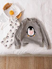 2 件套女童优雅可爱灰色毛绒企鹅刺绣上衣和企鹅全身印花裤休闲舒适睡衣套装 - 灰色 - 查看 1