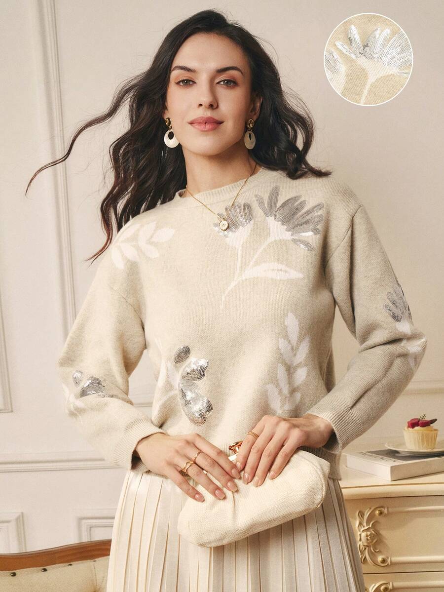 SHEIN Clasi 女士时尚休闲圆领花卉和叶子提花亮片串珠套头衫,圣诞节、新年、感恩节礼物 - 卡其色 - 查看 1