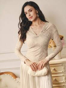 Omancia Women's Fashionable Elegant Fitted Twist Long Sleeve T-Shirt Top, Autumn/Winter - Khaki - View 6