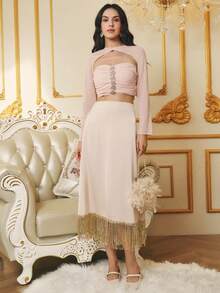 Omancia Jupe élégante et romantique à paillettes et à franges pour femmes, pour les fêtes, automne/hiver