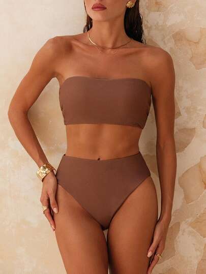 Swim Chiccia Bikini de 2 piezas con corte alto en los laterales, cuello halter y espalda descubierta, de tela especial marrón para mujer, para vacaciones, primavera/verano 2026