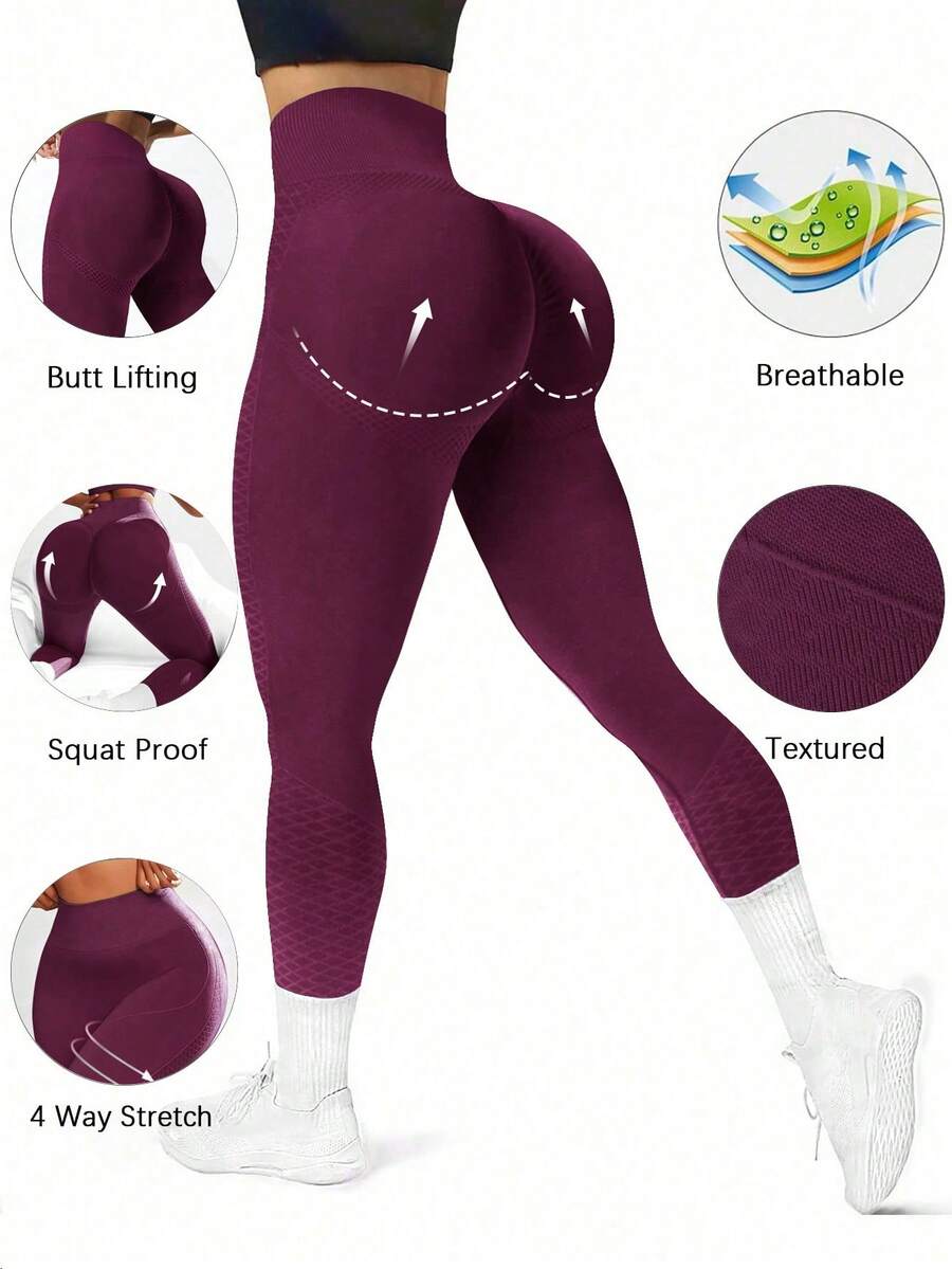 SHEIN Core Rhythm High Waist Seamless Leggings For Workout, Solid Color Yoga Women Pants - Burgundy - View 1