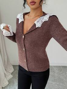 Elenzga Cárdigan de punto de manga larga, elegante y cómodo para mujer, con cuello vuelto, parche de encaje y ajuste regular, para otoño/invierno - Café integral - Ver 3