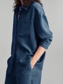 Ontre Women's Minimalist Comfortable Style, 2 Pieces Pajama Set, Urban Commute Business Casual Wear, Office Attire, Teacher Outfit, Elegant Outfit, Outerwear - Dark Wash - View 3