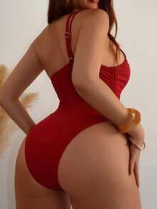 SHEIN Swim 夏季海滩抽绳侧单肩连体泳衣 - 玫瑰紅 - 查看 4